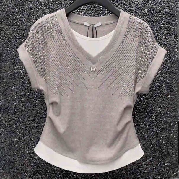 Women's Rhinestone Layered Short Sleeve T-Shirt – 90% Cotton 10% Spandex Blend Mock Two-Piece Casual Top_ecoleips.com