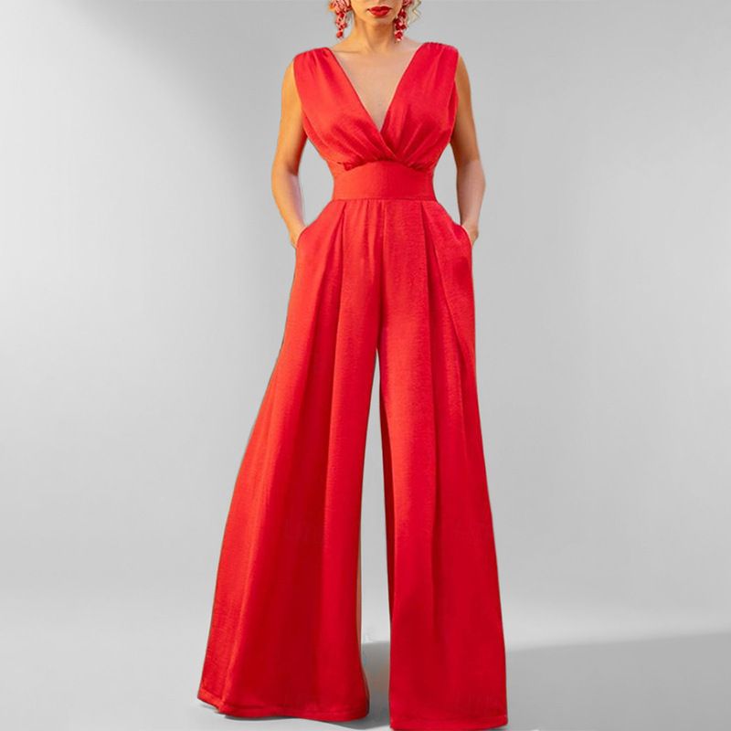 Women's Clothing Loose Fashion Elegant Short Sleeved V Neck Solid Color Wide Leg Jumpsuit_ecoleips.com