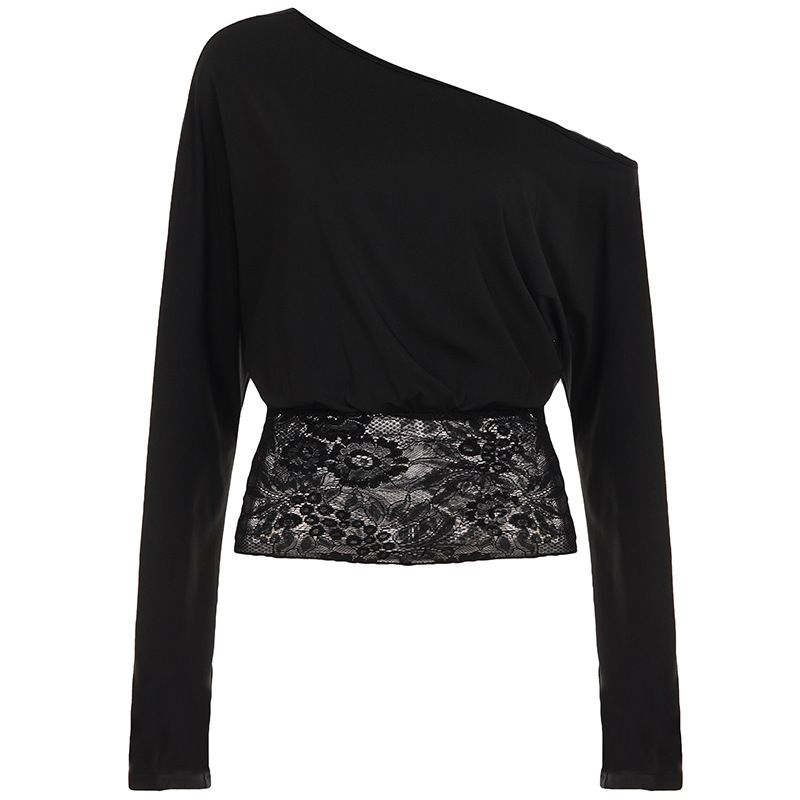 Asymmetrical Elegant Style One-shoulder Lace Patchwork Waist-cinching Top, Sexy Off-shoulder Solid Color Slim-fit_ecoleips.com