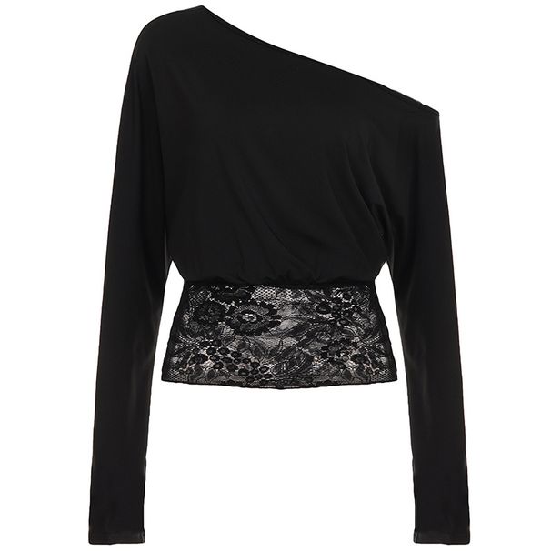 Asymmetrical Elegant Style One-shoulder Lace Patchwork Waist-cinching Top, Sexy Off-shoulder Solid Color Slim-fit_ecoleips.com
