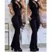 Women's Clothing Elegant V Neck Button Pockets, High Waisted Lace Up Solid Color Slim Fit Jumpsuit_ecoleips.com