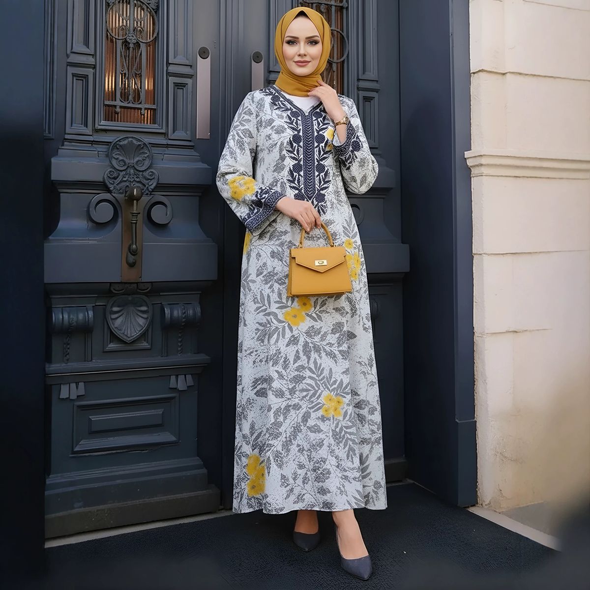Women's Long Robe Fashion Printed V Neck Elegant New Dress Muslim Clothing Positioning_ecoleips.com
