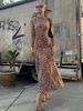 Hugcitar 2026 Leopard Print Turleneck Long Sleeve Slit Sexy Bodycon Midi Drses Spring Women Fashion Clothes Party Festival_ecoleips.com