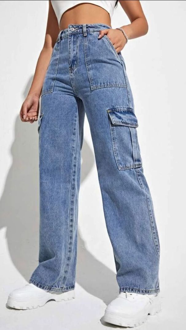 Streetwear Distressed Denim Jeans For Women – Loose Fit Multi-Pocket Cargo Pants (Blue, S-Xl) Functional Pockets_ecoleips.com