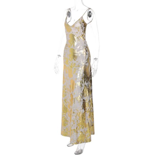Cross-Border Women's 2025 Summer New Fashion Sexy Backless Gold Stamping Strap Dress Wholesale_ecoleips.com