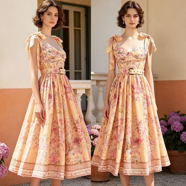 Women's Slim Fitting Halter Dress Retro Style Heart Shaped Neckline Bow Tie Slimming Beach Vacation Dress_ecoleips.com