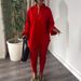 Women’s Clothing V neck lantern sleeves bottom slit shirt and trousers two piece set_ecoleips.com