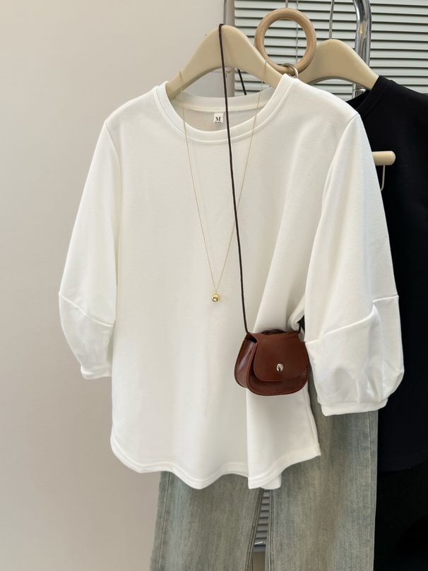 European American Style Solid Color Lantern Sleeve T-shirt For Women, Spring And Autumn Korean Version Loose-fitting_ecoleips.com