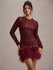 Women's Sexy Long Sleeve Solid Color Sequin Feather Dress Round Neck Women 8102_ecoleips.com