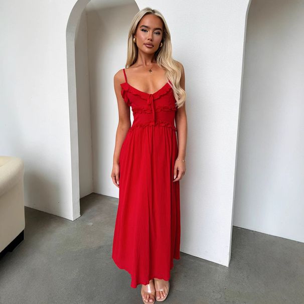 Women's Clothing Spring And Summer New Sling Ruffled Dress Ins Leisure Loose Vacation Dress Women_ecoleips.com