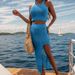 Women's Clothing Solid Color Round Neck Suspender Short Top Slit Textured Half Length Skirt Sun Protection Beach Suit_ecoleips.com