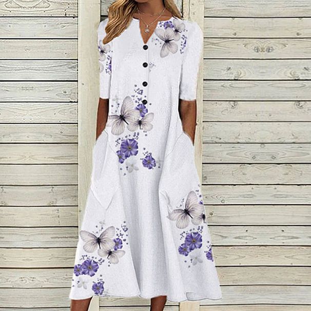 2025 Summer European And American Cross-Border Women's Printed V-Neck Short-Sleeve Button Pocket Casual Dress_ecoleips.com