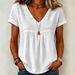Women's Lace V Neck Pullover Top Solid Color Casual Short Sleeve Shirt American Style Summer New Arrival_ecoleips.com