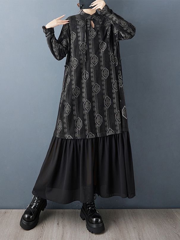 Oversized Vintage Print Drawstring Dresses For Women New Long Sleeve Loose Casual Midi Dress Fashion Clothing Spring Autumn 2025_ecoleips.com