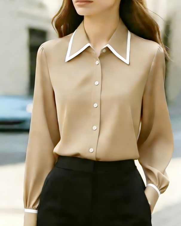 Women's Casual Color Blocked Collared Long Sleeve Shirt Stylish Elegant Fashion Blouse for Spring/Autumn Summer Regular Size_ecoleips.com