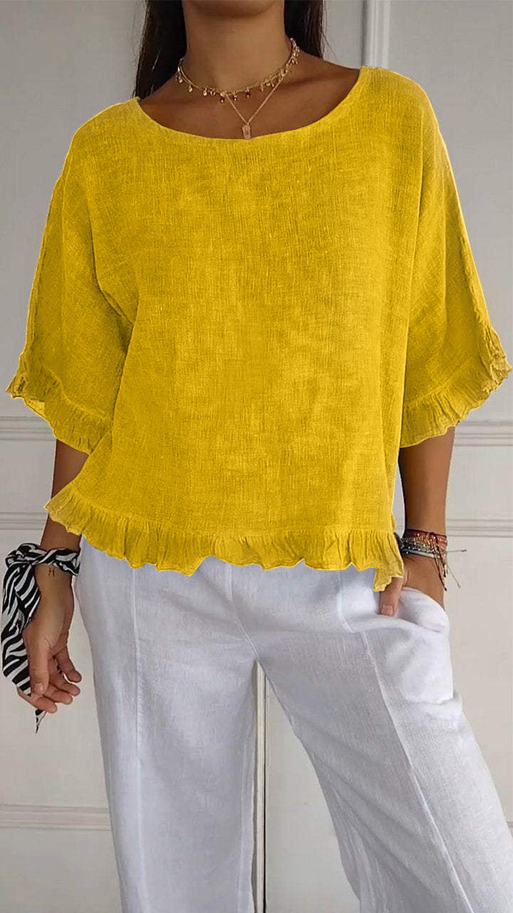 Women's Clothing Summer Short Sleeved Round Neck Cotton And Linen Solid Color Loose Version Shirt_ecoleips.com