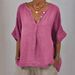 Women’s Clothing Spring New Women's Casual Loose Fashion Mid Sleeve Cotton And Linen Solid Color Door Tube V Neck Button Shirt_ecoleips.com
