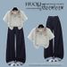 Women's Stylish Color Block Plaid Polo Collar Top With Bow Tie Wide Leg Jeans Set Short Sleeved Suit_ecoleips.com
