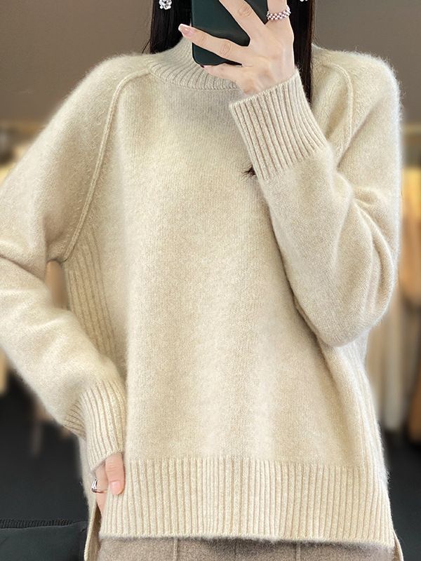 Women's Clothing Hem Knit Sweater - Soft Sheep Wool Blend, High Neck Pullover, Casual Loose Fit, Solid Color Top (White, Beige, Khaki, Gray, Black)_ecoleips.com