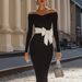 Women's Clothing Long Sleeve V Neck Solid Color Bow Tie Dress Bodycon Maxi Skirt_ecoleips.com