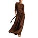2026 European American Cross-Border Spring And Autumn New Women's Elegant Brown Woven Long Sleeve Round Neck Dress_ecoleips.com