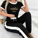 Women's Luxury Art Print Two Piece Set Gold Creative Letter Patchwork Wide Leg Pants Short Sleeve Top Spring/Summer_ecoleips.com