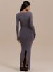 JULISSA MO Elegant Round Neck High Slit Ruched Women Maxi Dress Coffee Long Sleeve High Waist Autumn Skinny Party Evening Dress_ecoleips.com