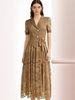 Luxury Women's Pleated Dress Elegant Commuter Long Skirt Miyake Gold Foil Lace Patchwork New Style_ecoleips.com