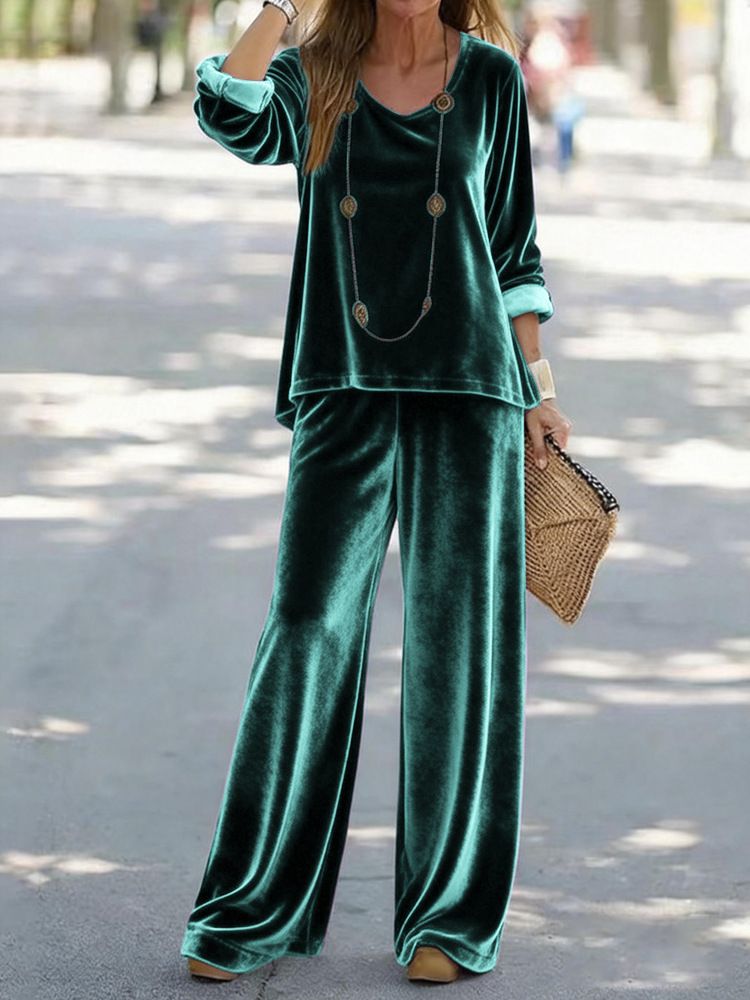 Women's Velvet Round Neck Long Sleeve Top & Pants Set – Soft & Stylish Lounge-to-Street Outfit (S-XXXL, 5 Colors)_ecoleips.com