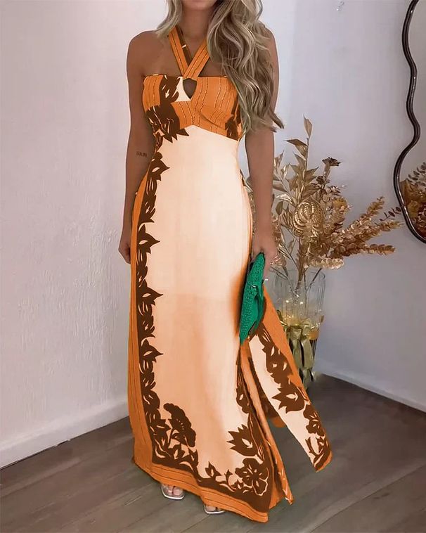 Women's Clothing Summer Halter Sexy Fashion Holiday Beach Long Printed Dress Women's Clothing_ecoleips.com