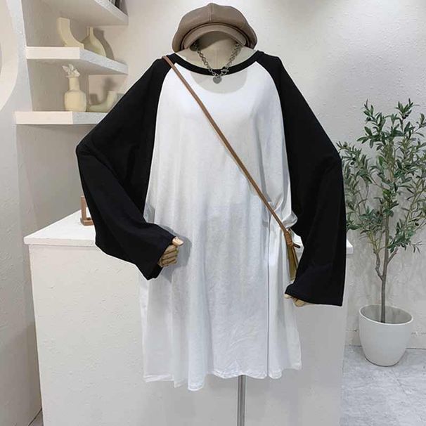 Women's Clothing Splicing Contrast Color Long Sleeved T Shirt Female Loose Age Reducing 200 Jin T Shirt Skirt Ins Trend_ecoleips.com