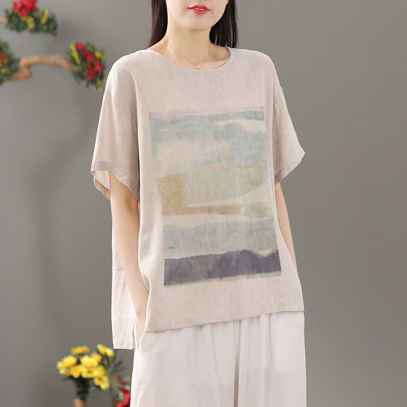 2026 Cotton And Linen Comfortable Top For Women, Printed Artistic Short-Sleeved, Summer Retro Chinese And Ethnic Style T_ecoleips.com