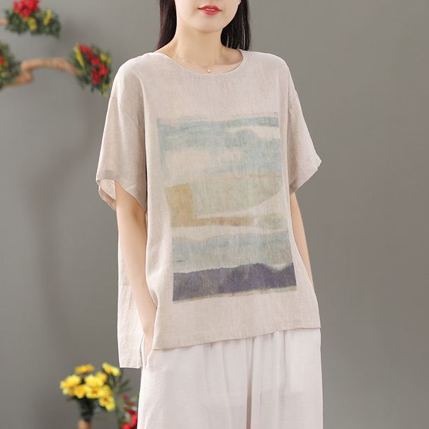 2026 Cotton And Linen Comfortable Top For Women, Printed Artistic Short-Sleeved, Summer Retro Chinese And Ethnic Style T_ecoleips.com