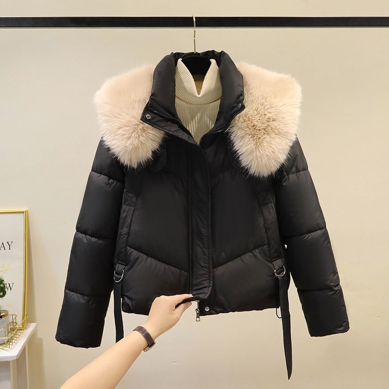 Women's Winter Short Puffer Jacket With Detachable Faux Fur Collar, Loose Fit, Warm Cozy Outerwear In Black/Brown/Cream/Wine_ecoleips.com