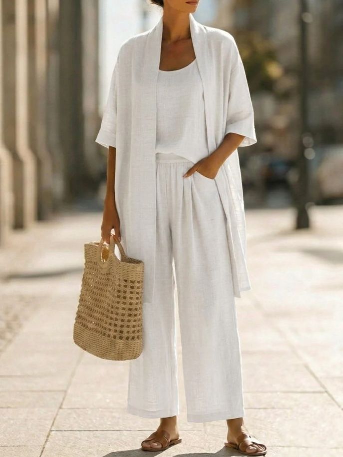 Women's Clothing Straight Leg Three Piece Set Solid Color Summer Travel Vacation Comfortable Casual Style_ecoleips.com