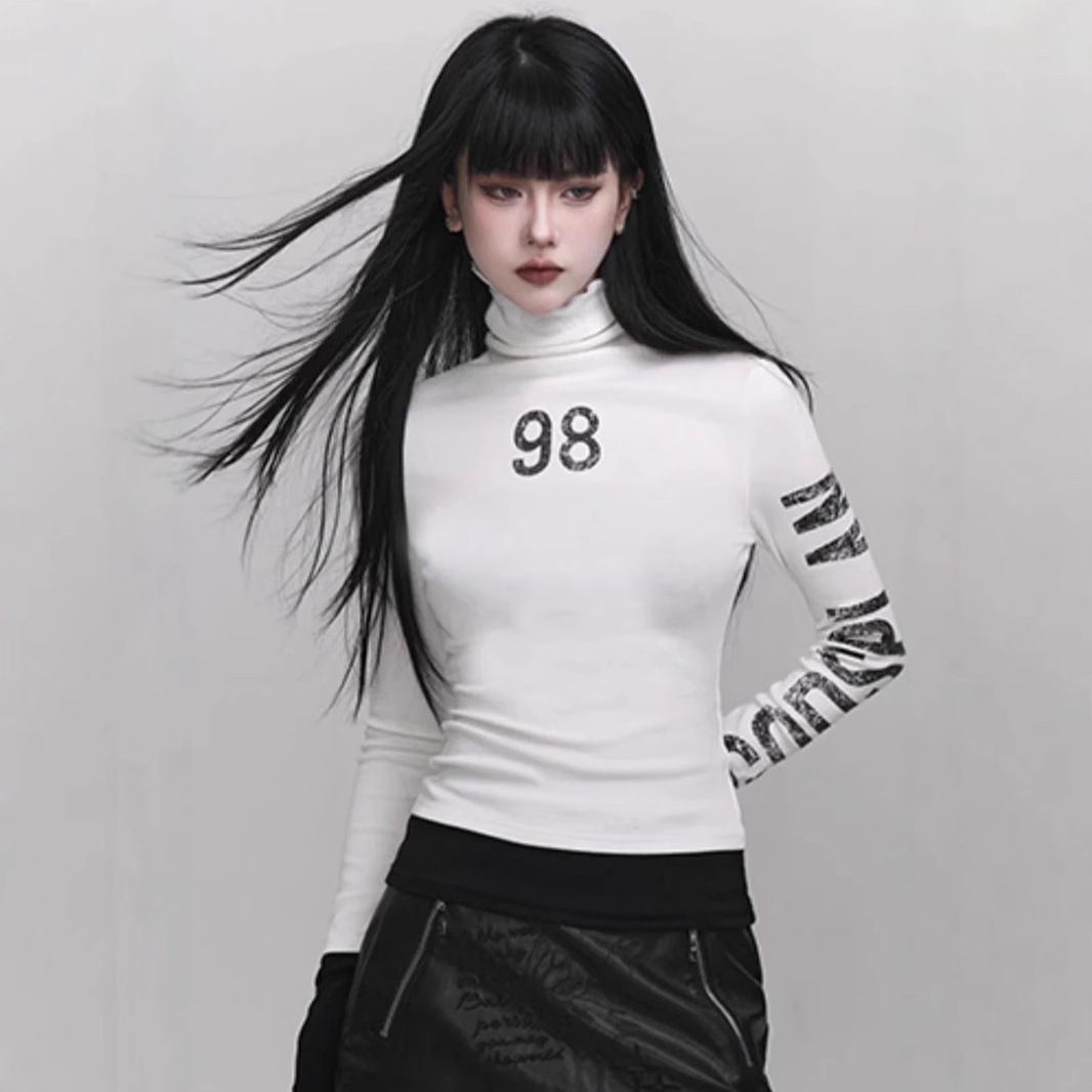 Women's Slim Fit Mock Neck Long Sleeve Top, Printed Letter Streetwear Base Layer Shirt, Sexy Chic Essential_ecoleips.com