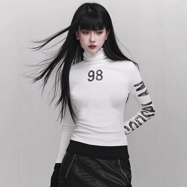 Women's Slim Fit Mock Neck Long Sleeve Top, Printed Letter Streetwear Base Layer Shirt, Sexy Chic Essential_ecoleips.com