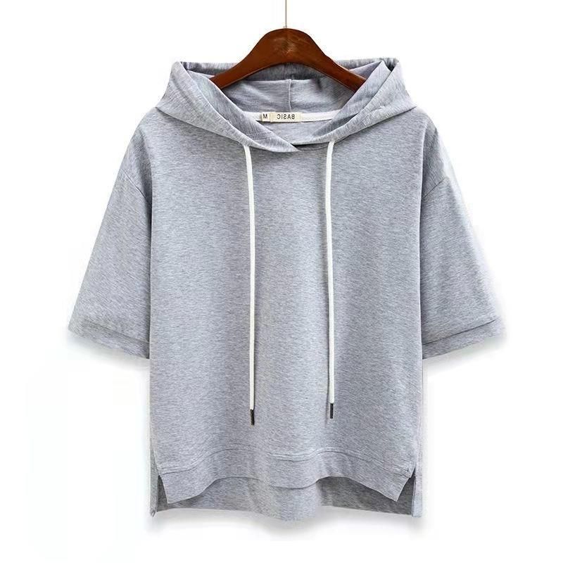 Korean Style Loose Fit Solid Color Women's Short Sweatshirt 2024 New Summer Half Split Five-Quarter Sleeve Hooded_ecoleips.com
