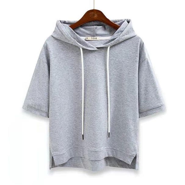 Korean Style Loose Fit Solid Color Women's Short Sweatshirt 2024 New Summer Half Split Five-Quarter Sleeve Hooded_ecoleips.com