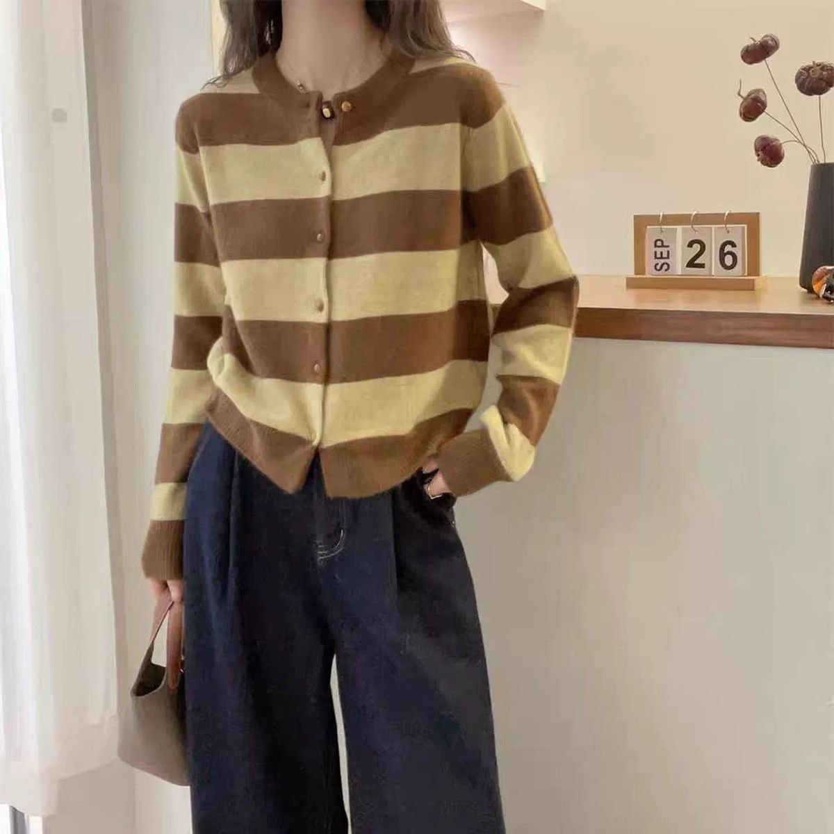 100% Pure Wool Cardigan For Women, Color Block Striped, 2026 Autumn Winter New European High-end Soft Knitted Sweer_ecoleips.com