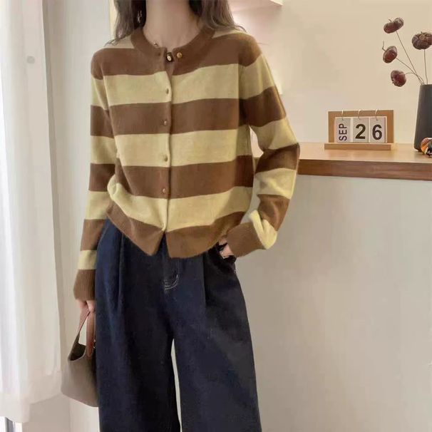 100% Pure Wool Cardigan For Women, Color Block Striped, 2026 Autumn Winter New European High-end Soft Knitted Sweer_ecoleips.com
