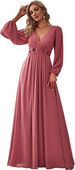 European and American women's clothing solid color V-neck dress elegant long dress with waist hem_ecoleips.com
