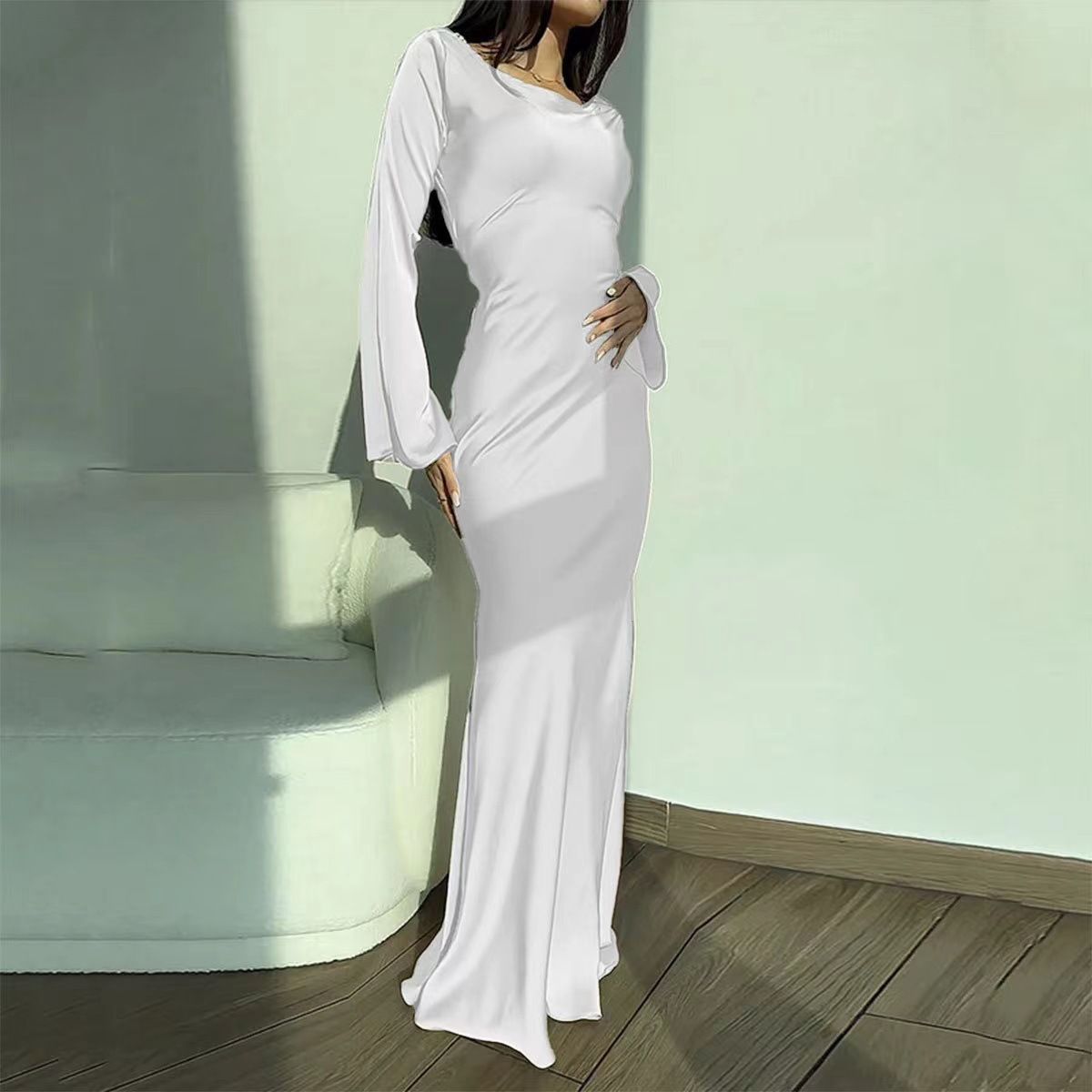 Women's Clothing Solid Color Round Neck Elegant Solid Color Round Neck Long Sleeve Belted Wrap Dress For Women Flowy Lazy Chic High Waist Maxi Dress_ecoleips.com