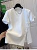 Women's Clothing Cotton Large Size Irregular Button Stitching Hem Split Short Sleeved T Shirt Women's Top Round Neck Summer_ecoleips.com
