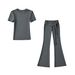 Women's Clothing Round Neck Slim Short Sleeve T Shirt Low Waist Pleated Strap Hip Hugging Floor Length Flared Casual Pants Two Piece Suit_ecoleips.com