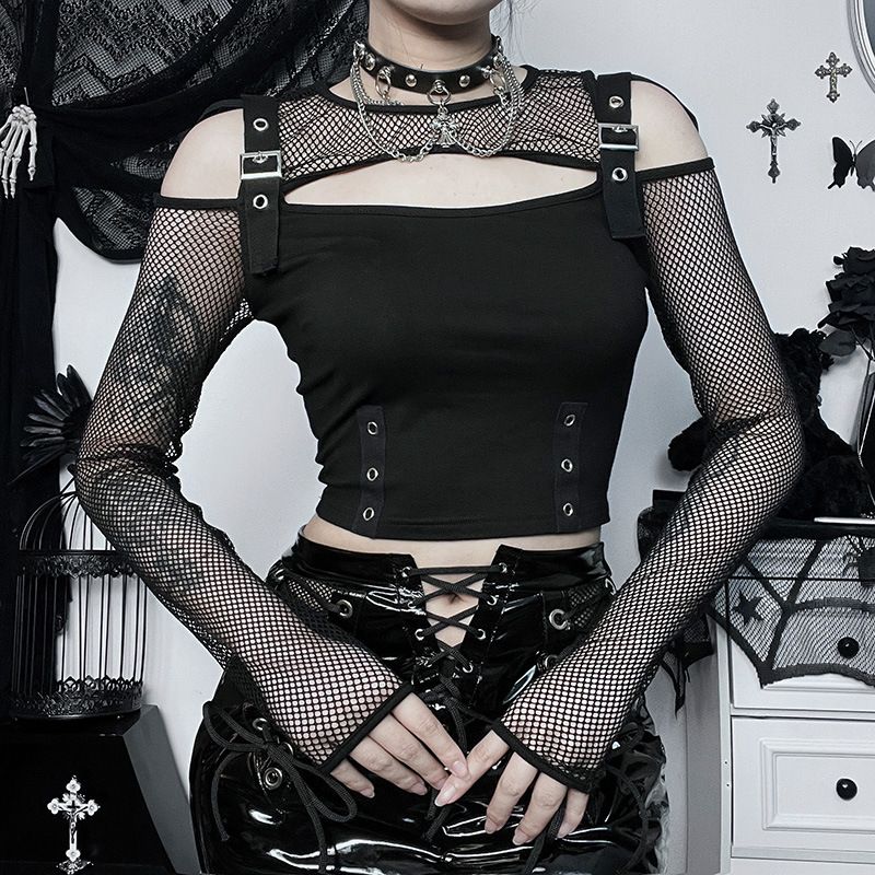 Summer CF23422 Women's Dark Style Fashion Hot Sexy Slim Fit Punk off Shoulder Long Sleeve Top for Girls_ecoleips.com