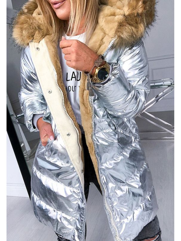 girl European And American Winter Casual Fashion Warm Women's Solid Color Glossy Zipper Fur Collar Plus Size Cotton Coat_ecoleips.com