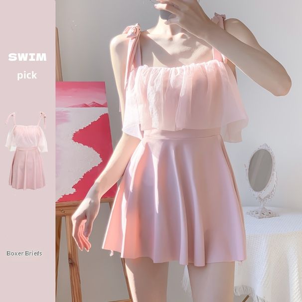 Aria Basics Sweet Pink Gauze Mini Dress Slimming Tummy Control Small Chest Conservative Girl One-Piece Swimsuit Summer Hot Spring_ecoleips.com