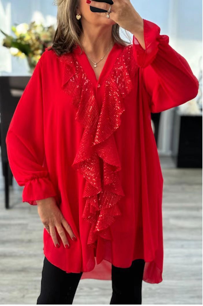 Women's Clothing New V Neck Chiffon Long Sleeved Mid Length Shirt With Sequins For Women_ecoleips.com