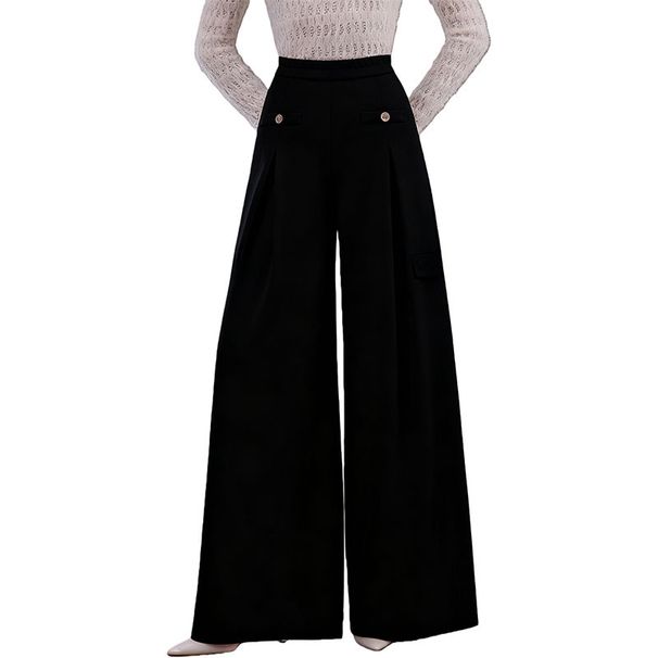 Elegant High-Waisted Wide Leg Pants For Women - Comfortable Office & Casual Stretch Polyester Trousers With Button Detail (Black, Beige, Khaki)_ecoleips.com